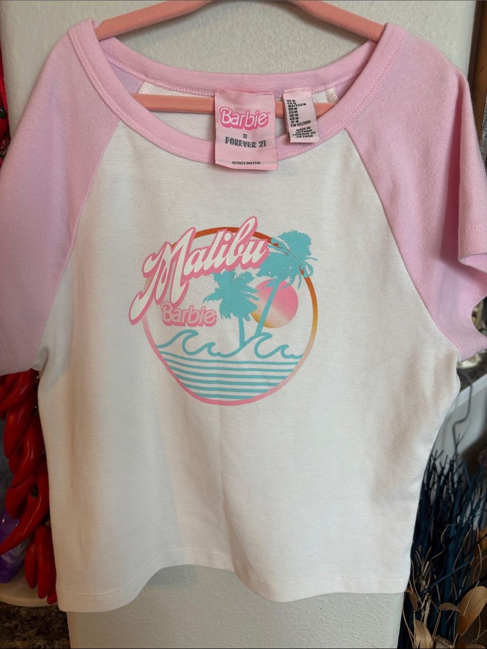 Forever 21 Barbie Malibu Raglan Tee - Pink & White with Teal Accent